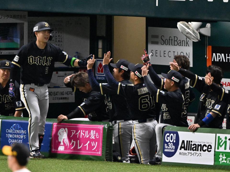 ３回、若月（左端）が先制ソロを放ち、盛り上がるオリックスベンチ