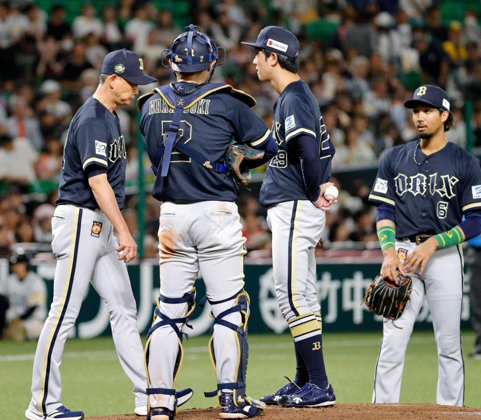 ２回途中６失点で降板するオリックス・田嶋（右から２人目）。左端は岸田監督
