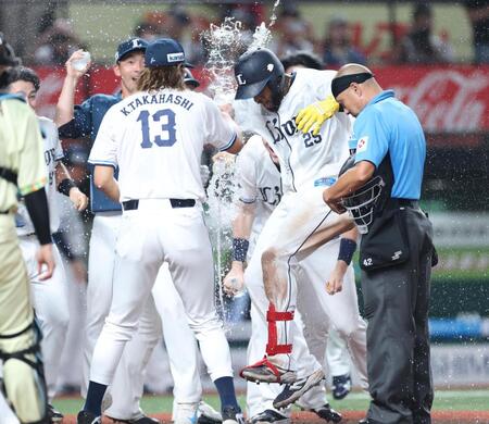 ９回、サヨナラ本塁打を放ちナインに迎えられるカナリオ（撮影・金田祐二）