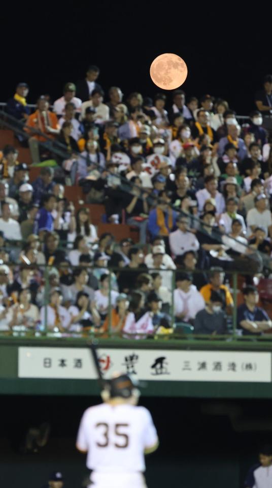 球場に姿を見せた満月「ストロベリームーン」。打者は巨人・泉口