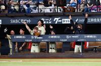１回、４者連続本塁打が飛び出し、湧き上がる新庄監督（右）ら日本ハムナイン（撮影・中島達哉）