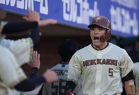 ４回、左越えに同点２ランを放ちナインに迎えられる野村（撮影・金田祐二）