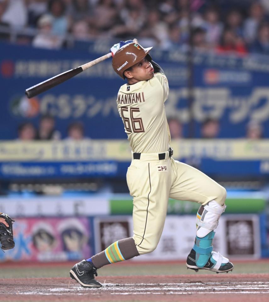 ７回、右越え３ランを放つ万波（撮影・開出牧）