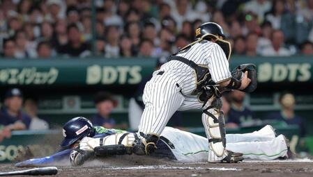 ８回、岩田の投ゴロで本塁を狙うもアウトになるモンテル（撮影・西田忠信）