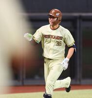 ５回、プロ初本塁打を放ち、ナインに迎えられる宮崎（撮影・中島達哉）