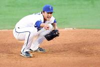 ２回、松本のハーフスイングをアピールする藤浪（撮影・伊藤笙子）