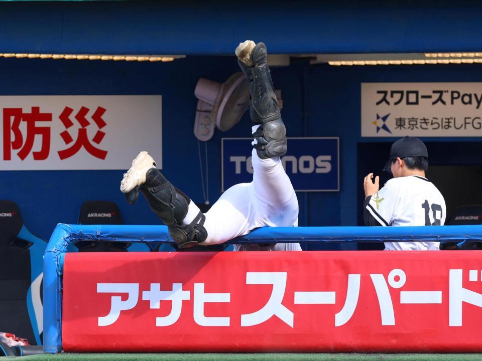 ３回、打球を追いベンチに転落する開成・相川晃央（撮影・石井剣太郎）