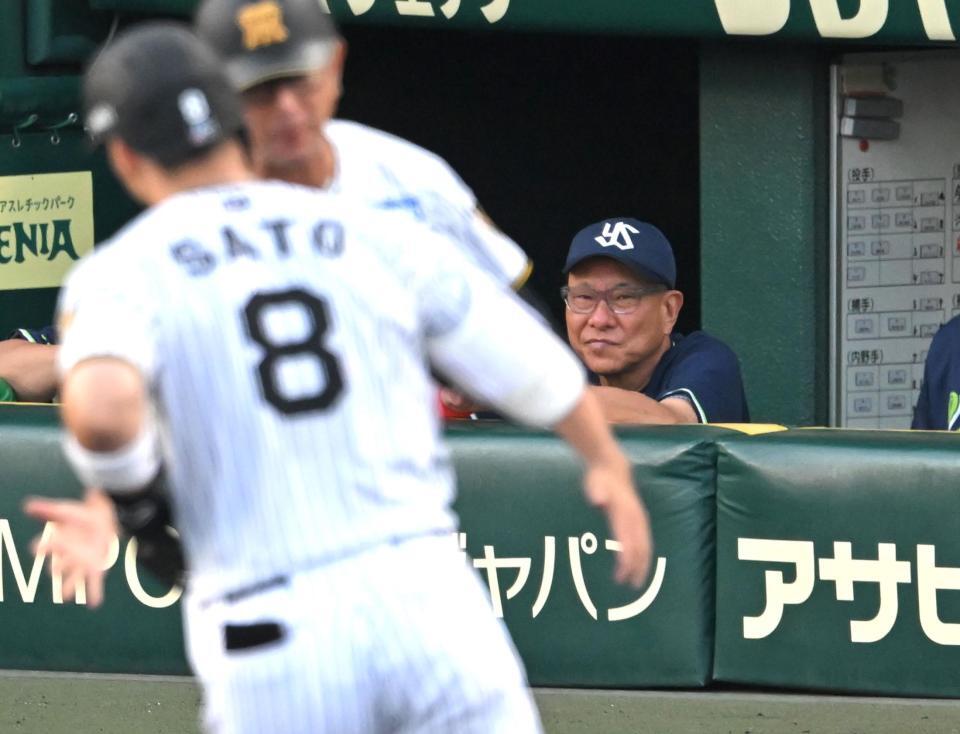 ２回、佐藤輝（８）の先制ソロをベンチから見つめる池山監督（撮影・飯室逸平）
