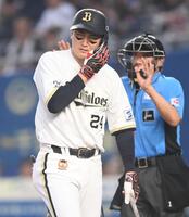 ６回、死球を受け痛みに耐える紅林（撮影・開出牧）