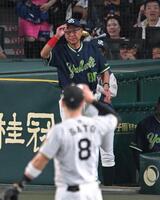 ６回、セデーニョに代走を送る池山監督（撮影・飯室逸平）