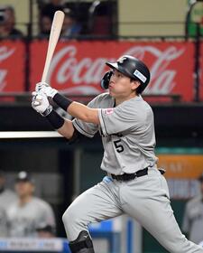 　８回、勝ち越しの２点二塁打を放つ安田（撮影・安藤由華）