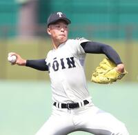 １回、力投する先発投手の大阪桐蔭・吉岡貫介（撮影・中田匡峻）