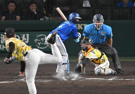 １１回、死球を受ける度会（撮影・飯室逸平）