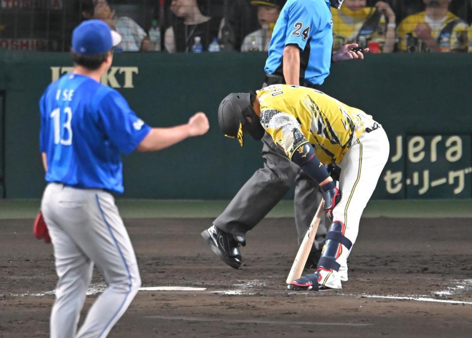 ８回、見逃し三振に倒れる大山（撮影・飯室逸平）