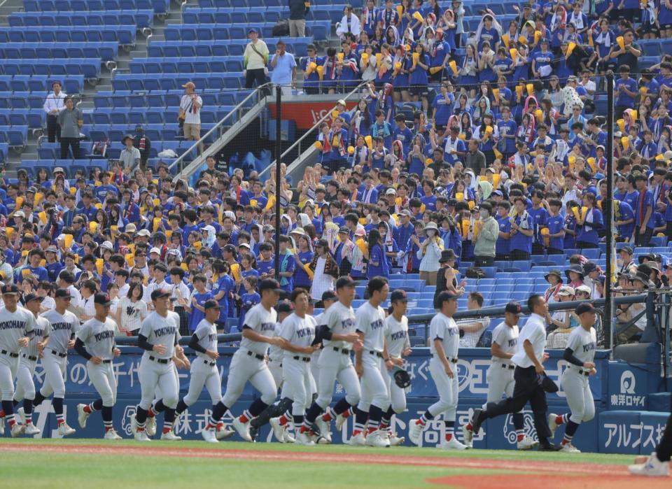 青い服で応援する横浜応援団（撮影・吉澤敬太）
