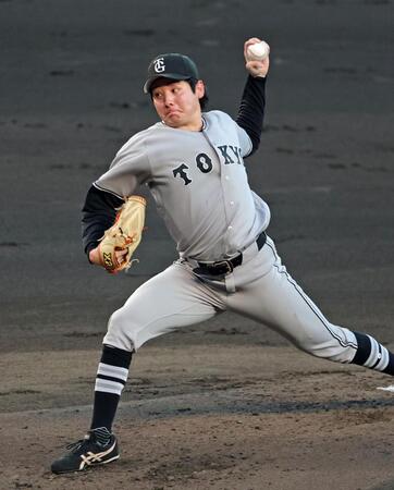 阪神打線を相手に力投する竹丸（撮影・立川洋一郎）