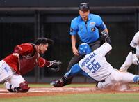 ７回、代打・奈良間の同点犠飛で生還した三走・細川（撮影・中島達哉）