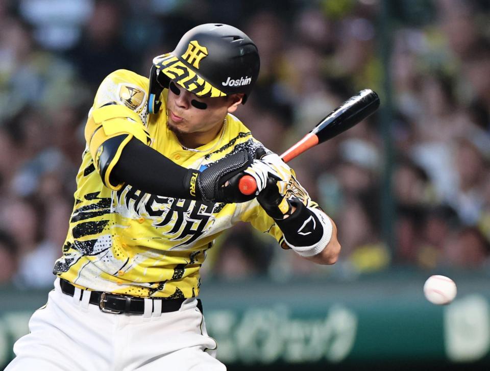 ３回、死球を受ける佐藤輝（撮影・田中太一）
