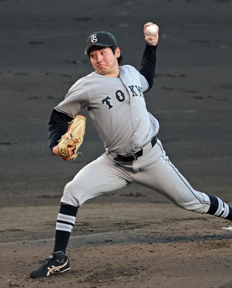 阪神打線を相手に力投する竹丸（撮影・立川洋一郎）
