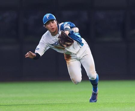 ５回、ＹＧ安田の打球を好捕する細川（撮影・中島達哉）