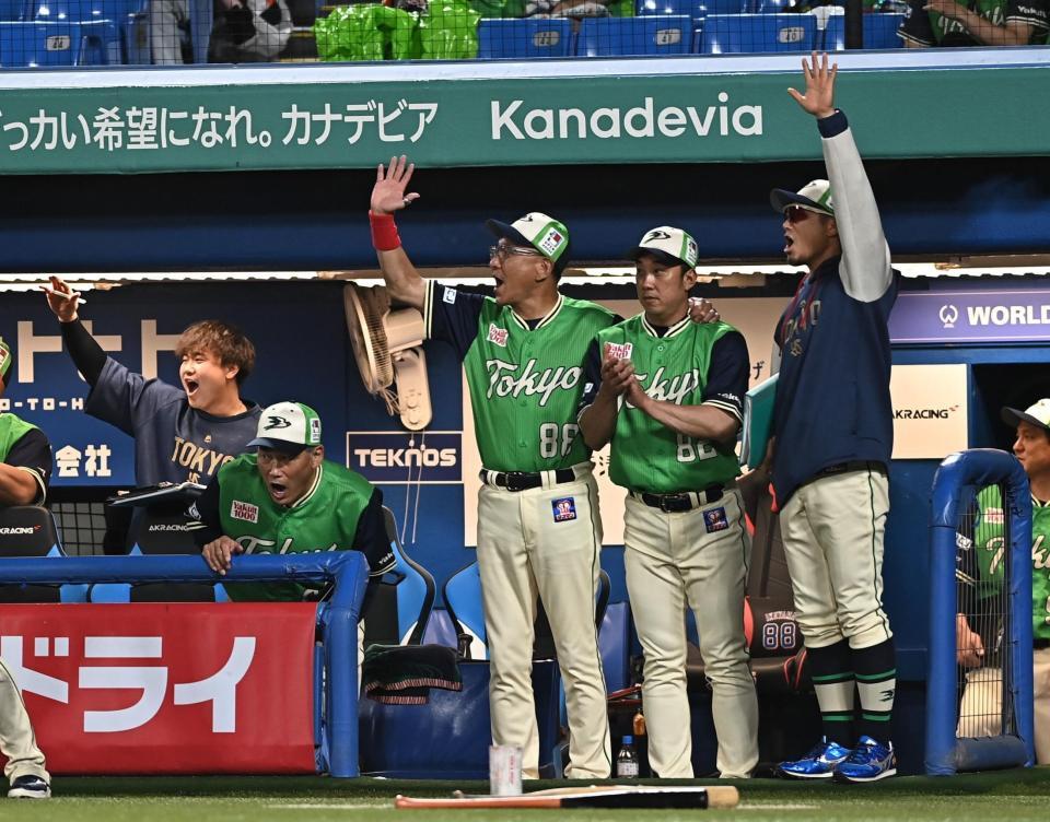 ７回、古賀の右犠飛で同点に追いつきベンチで喜ぶ池山監督（右から３人目）＝撮影・開出牧