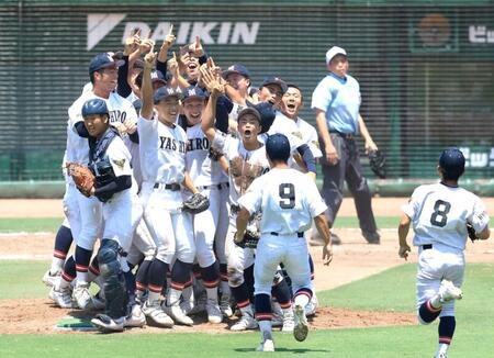 　甲子園出場を決め、歓喜する社ナイン（撮影・丸山桃奈）