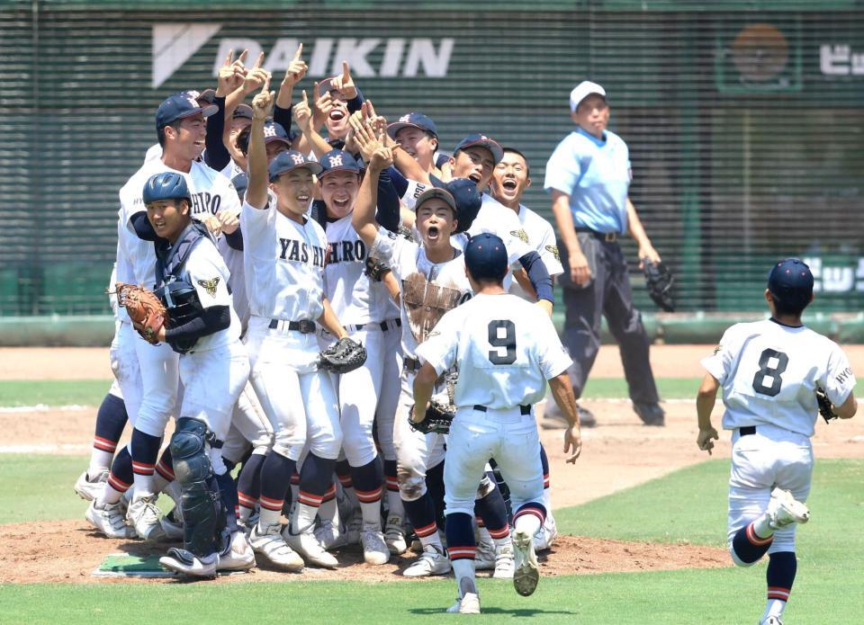 　甲子園出場を決め、歓喜する社ナイン（撮影・丸山桃奈）