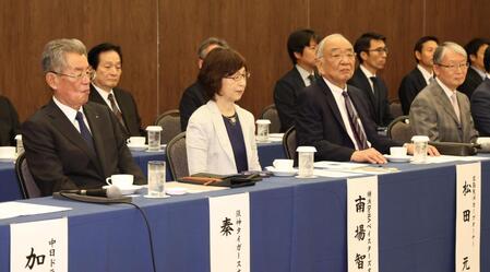 協議に臨む（左から）阪神・秦雅夫オーナー、ＤｅＮＡ・南場智子オーナー、広島・松田元オーナー、巨人・山口寿一オーナー（撮影・金田祐二）