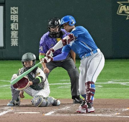 　７回全パ２死二塁、万波が右越えに適時三塁打を放つ。捕手坂本誠＝東京ドーム