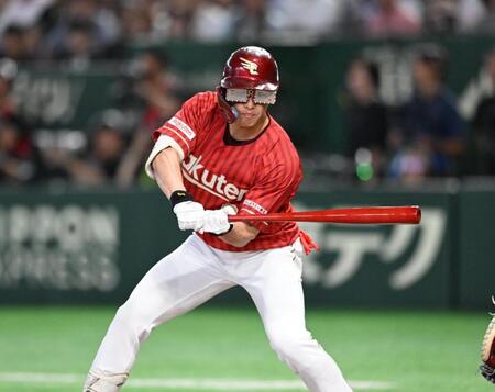 ７回、楽天カードメガネで打席に立つ辰己（撮影・堀内翔）