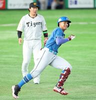 ７回、適時三塁打を放つ万波（撮影・金田祐二）