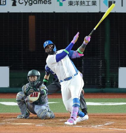 ５回、左越えにソロを放つレイエス（撮影・西岡正）