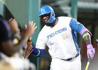 ５回、左越えソロを放ち、笑顔を見せるレイエス（撮影・伊藤笙子）
