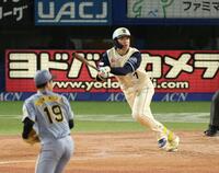 ４回、左前に同点適時打を放つ長岡（撮影・金田祐二）