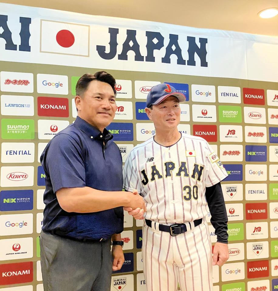 侍ジャパンＵ-１２桑田真澄監督を激励に訪れた侍ジャパントップチームの井口資仁監督