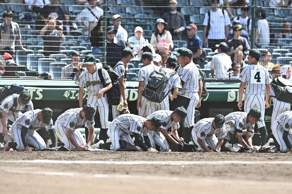 １回戦で敗退し甲子園の土を集める鶴岡東ナイン（撮影・開出牧）