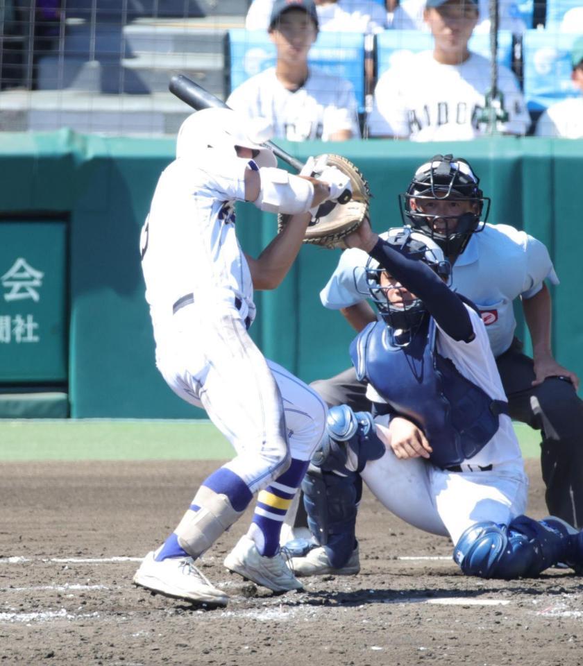 ３回、健大高崎・佐藤は頭部に死球を受ける（撮影・坂部計介）