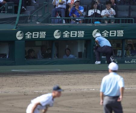 東日大昌平ベンチのアピールを受け、リプレー検証が行われた（撮影・坂部計介）