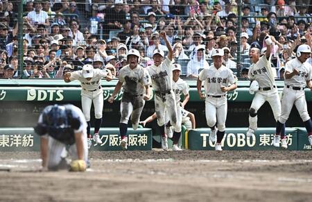 ９回、豊丸蒼大の左前適時打でサヨナラ勝ちし喜びを爆発させる日南学園ナイン（撮影・開出牧）
