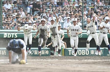 　９回、サヨナラ勝ちにベンチを飛び出す日南学園ナイン（撮影・開出牧）