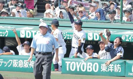 ７回、社・小倉臣斗の適時二塁打に沸く社ベンチ（撮影・西田忠信）