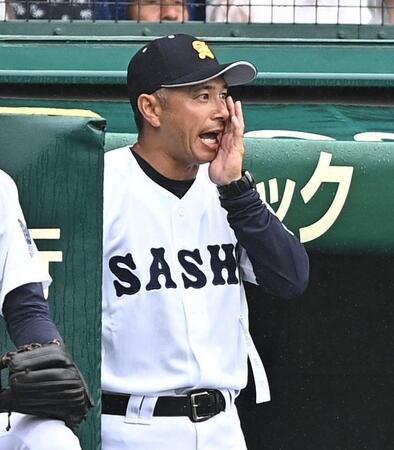 ベンチでゲキを飛ばす佐賀商・吉冨俊一監督（撮影・開出牧）