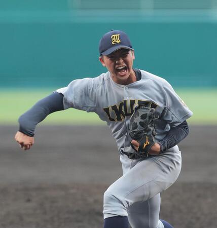 花咲徳栄打線を相手に完封勝利を挙げ、雄たけびを上げる仙台育英・古川諒弥（撮影・西田忠信）