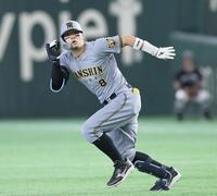 １回、適時打を放った佐藤輝は一二塁間で挟まれる（撮影・田中太一）