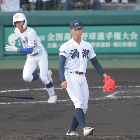 ２回、霞ヶ浦・野口空真に先制打を許す鳴門渦潮・西村大輝（撮影・西田忠信）
