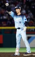 ７回、適時二塁打を放ちガッツポーズする西武・佐藤太