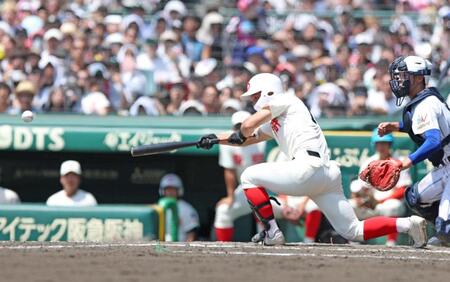 ８回、犠打を決める智弁和歌山・松本虎太郎（撮影・中田匡峻）