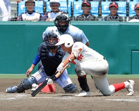 ８回、同点に追いつくスクイズを決める智弁和歌山・川原一将（撮影・立川洋一郎）