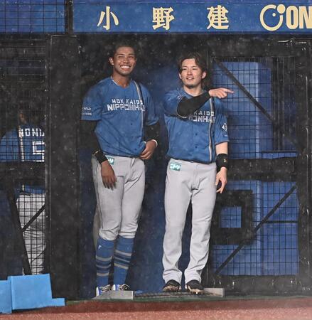 悪天候で試合開始が遅れる中、ベンチ橫で雨宿りする水谷（左）と水野（撮影・開出牧）