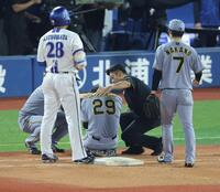 ４回、勝又の投ゴロで落としたボールを捕ろうとした高橋（左）と勝又が接触し、転倒してうずくまる（撮影・西岡正）